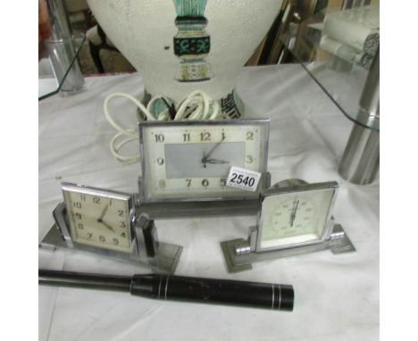 2 'Deco' chrome mantel clocks and a 'Deco' thermometer.
