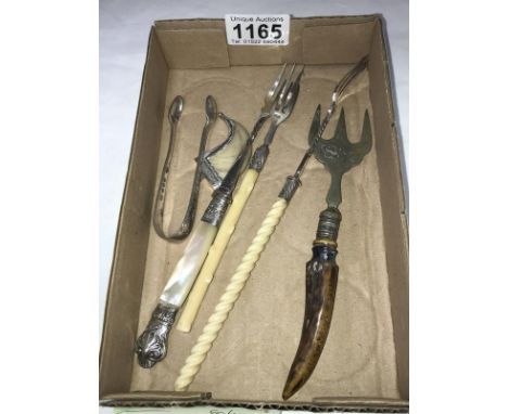 3 pickle forks, sugar tongs, cake fork &amp; pendant