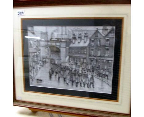 After Laurence Stephen Lowry (1887-1976) a pencil drawing of Northern workers marching through town entitled 'On Strike', sig