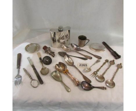 A mixed lot of silver plate including hip flask, cutlery etc.,