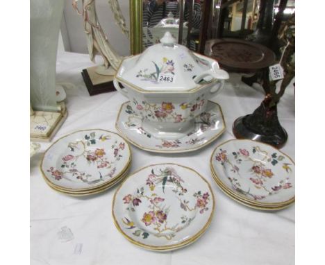 A Wedgwood Devon Rose Georgetown collection octagonal covered soup tureen with ladle on large plate and 8 soup bowls.