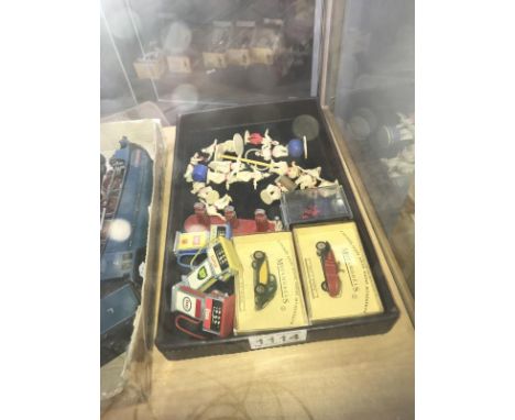 A collection of plastic circus clown miniatures, 2 boxed motamodels, 3 diecast petrol pumps including BP &amp; Esso etc.