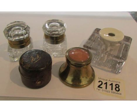 5 old inkwells including Victorian travelling inkwell.