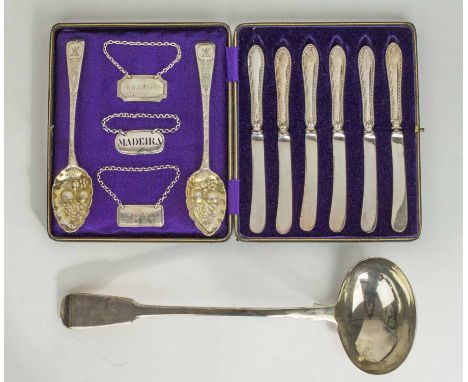 GEORGE III SILVER WINE LABELS, two, Madeira, London 1822, Port, London 1818, George III punch ladle, London 1810, a pair of s