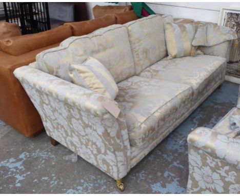 SOFA, two seater in floral damask fabric on square castor supports, 229cm L.