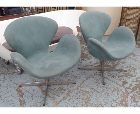 FRITZ HANSEN SWAN CHAIRS, a pair, in light blue suede upholstery, bears stamp and label underneath, 75cm W. (with faults) (2)