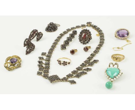 A HEART SHAPED TURQUOISE AND PEARL BROOCH/PENDANT, an antique amethyst pearl and gold brooch, a bohemian garnet pendant circa