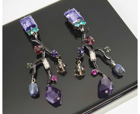 PHILLIPPE FERRANDIS 'Tokyo', gem set and enamel, pendant earrings, 90mm long approx.