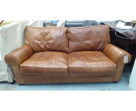 SOFA, two seater, in soft brown leather, 191cm x 95cm x 82cm. (with faults)