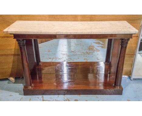 CONSOLE TABLE, William IV mahogany rectangular varigated Carrara marble with columns, mirror back and under tier, 145cm W x 4