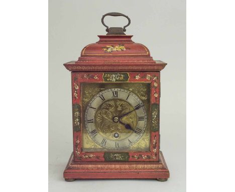 AN ANTIQUE RED LACQUERED BRACKET CLOCK, small size, Chinoiserie decoration, 28cm H x 17.5cm W x 11cm D. (with faults)