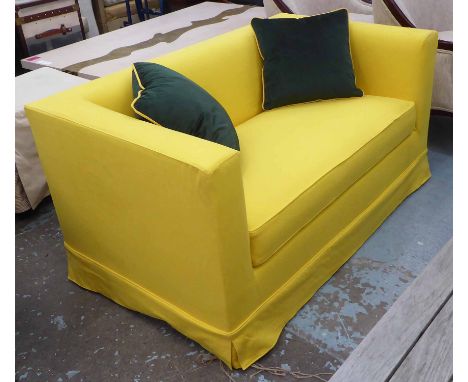 SOFA, contemporary design, yellow finish with green cushions, 140cm x 80cm x 70cm.