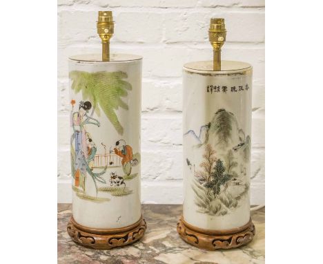 LAMPS, two similar vintage Chinese ceramic brush pot style with Chinoiserie character decoration and pierced wood stands, lar
