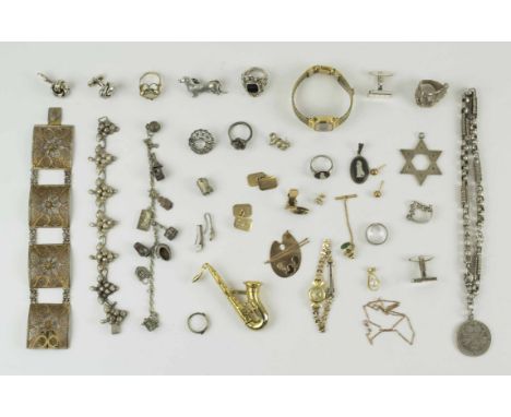 A BOXED LOT OF ASSORTED JEWELLERY, including a ladies 1950s 18c gold Omega wrist watch, a gold and opal doublet ring and vari