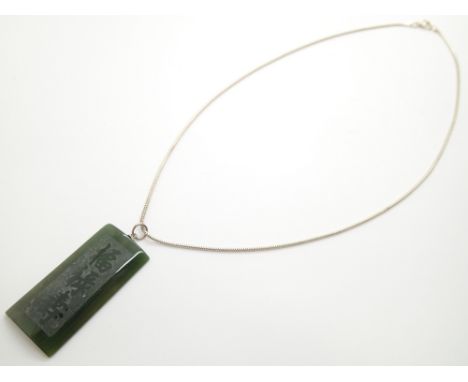 Jade pendant with Chinese characters on a silver chain, pendant L: 40 mm chain L: 42 cm