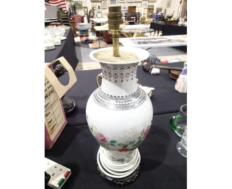 Chinese lamp base with floral and character decoration CONDITION REPORT: All electrical items in this lot have been PAT teste