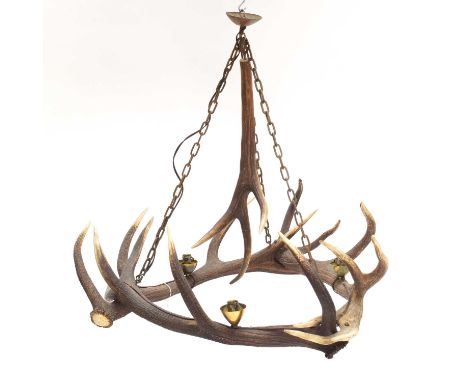 Antler Furniture: Two Antler Mounted Chandeliers, mid-late 20th century, an antler mounted three-light chandelier, formed wit