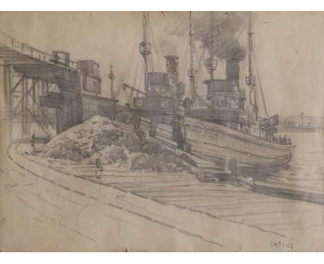 Charles Arthur Fries (1854-1940)American port view with docked steam tugboatsSigned 'C.A.Fries', pencil on paper, 22cm by 29c