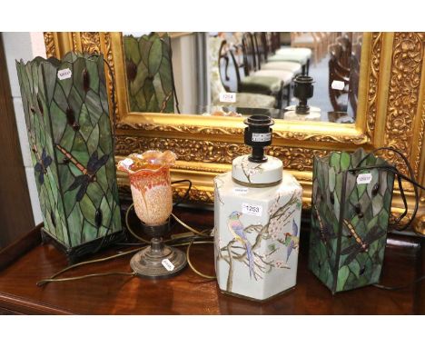 Two Modern Tiffany Style Square From Table Lamps, ornamented with dragon flies, largest 47cm high, together with a Chinese st