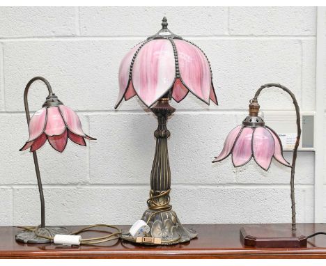 An Art Nouveau Style Table Lamp, with pink glass foliate style shade, relief lillypads to base, 61cm high, together with a pa