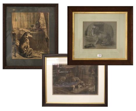 English School (early 20th Century)Long-haired dog asking for food with one paw raised &amp; empty bowlIndistinctly signed an
