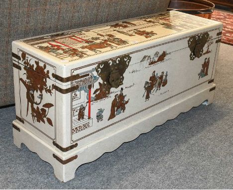 A Modern Chinese Lacquered Blanket Chest, white ground, decorated with figures in a outdoor setting, 115cm by 37cm by 52cm
