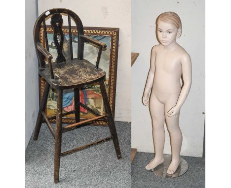 A Tri-Ang Push Along Toy Dog, straw filled, together with a childs highchair and a 1970s-80s child mannequin (3)