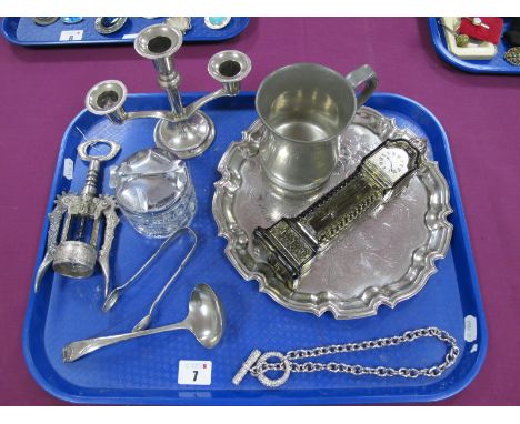 Plated Circular Tray, three light candlestick, bottle opener, novelty AVON glass perfume bottle as a grandfather clock etc :-