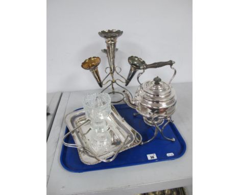 A Plated Spirit Kettle on Stand, a plated four flute epergne, plated basket, etc :- One Tray