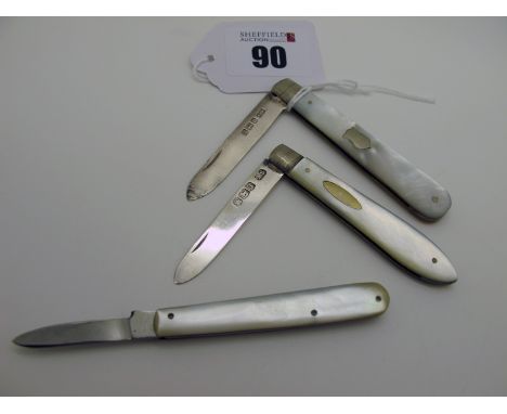 Two Hallmarked Silver and Mother of Pearl Single Blade Folding Fruit Knives, together with a quill knife with plain mother of