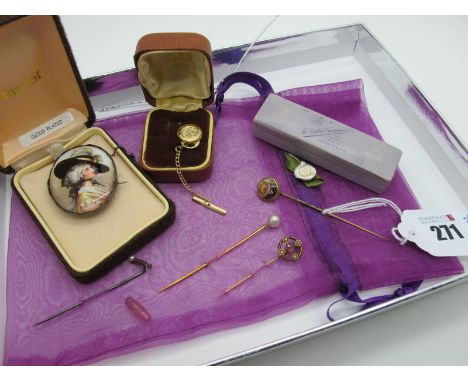 A c.Early XX Century Fox Head Detailed Stickpin, hand painted, circular collet set, together with further stickpins, a tie pi