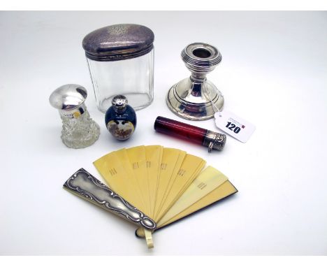 A Hallmarked Silver Dwarf Candlestick, (base weighted), together with a hallmarked silver topped glass jar, a cut glass scent