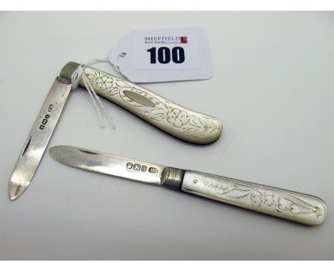 Two Hallmarked Silver and Mother of Pearl Single Blade Folding Fruit Knives, each with engraved scales. (2)