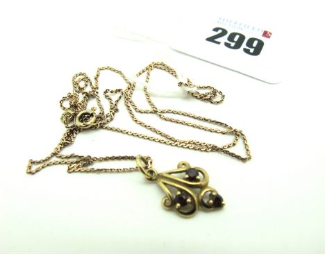A 9ct Gold Fine Link Chain, suspending a three stone pendant, claw set. 