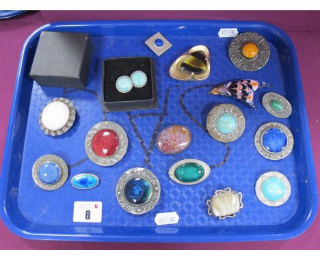 A Small Collection of Arts &amp; Crafts Ruskin Style Ceramic Panel Brooches, similar clip on earrings, etc.