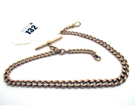 A Rose Gold Graduated Curb Link Albert Chain, links stamped, to single swivel style clasp (stamped "9.375") and suspending T-