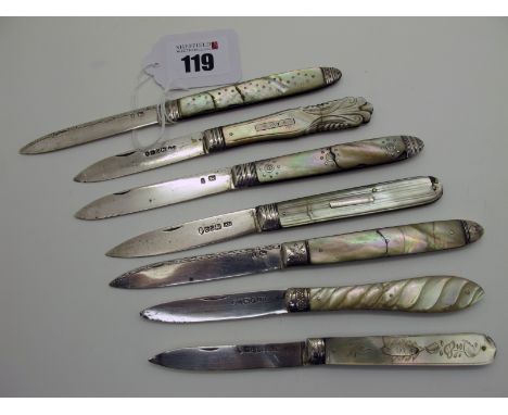 A Collection of Seven Hallmarked / Part Hallmarked Silver and Mother of Pearl Folding Fruit Knives, some with decorative work