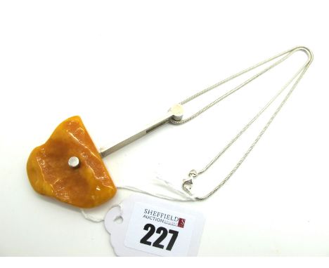 A Modernist Style Hallmarked Silver and Amber Coloured Pendant, of abstract design, on a smooth link chain stamped "925". [15