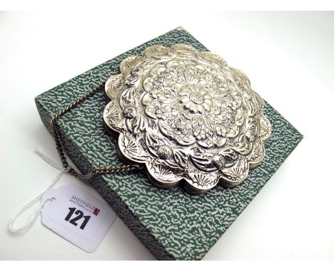 A Decorative Hanging Mirror, of shaped design allover foliate detailed in relief, stamped "900"on chain suspension, overall d