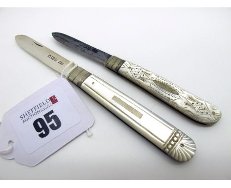 Two Hallmarked Silver and Mother of Pearl Single Blade Folding Fruit Knives, each with engraved scales. (2)