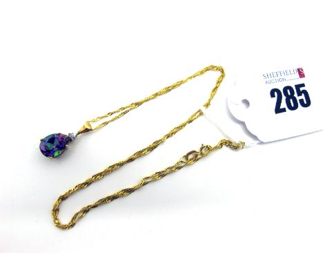A Modern Diamond and Mystic Topaz Teardrop Pendant, stamped "375", on a fancy link chain stamped "375" (overall weight 2grams
