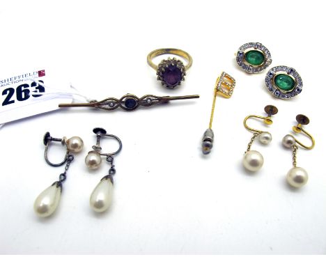 A Single Stone Bar Brooch, stamped "15ct"; Ciro and other imitation pearl drop earrings (unpierced screw fittings), dress rin