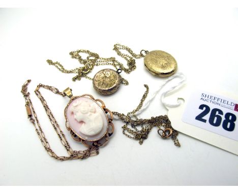 An Oval Shell Carved Cameo Brooch / Pendant, stamped "9ct", on a rose coloured fancy link chain stamped "9ct"; together with 