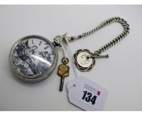 A Hallmarked Silver Cased Openface Pocketwatch, te black and white transfer printed dial depicting two figures, with Roman nu