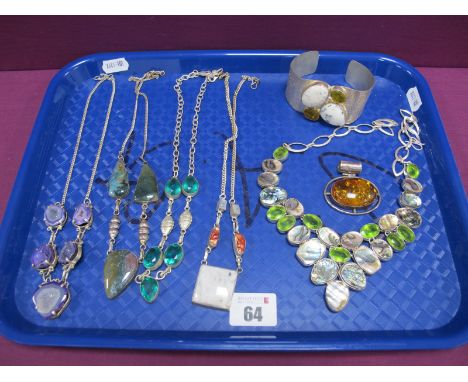 Modern Necklaces, including polished hardstone, geode, etc; cuff bangle :- One Tray 