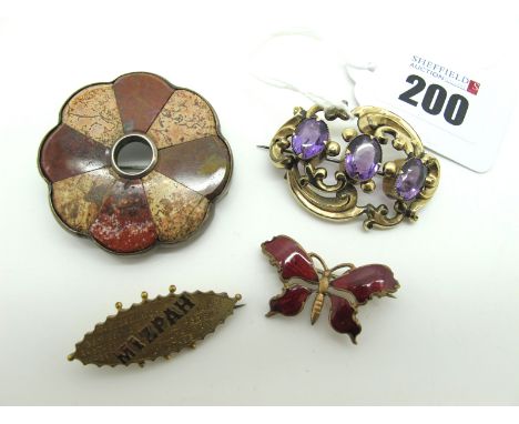 A Victorian Polished Hardstone Brooch, of flower head design, a Victorian Mizpah brooch, an ornate openwork brooch, collet se