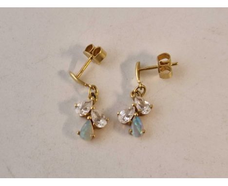 A pair of opal and clear stone drop earrings 9ct 1.6 gms
