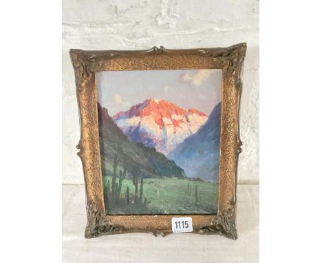 R… G… - An Alpine peak in sunlight on board, 9" x 7" indistinctly signed