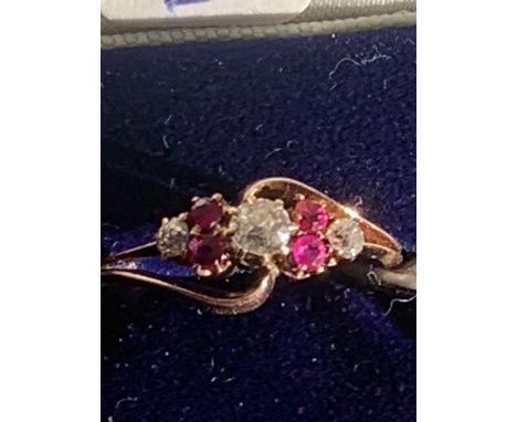 Ruby &amp; diamond old cut ring 14ct gold size O 2g