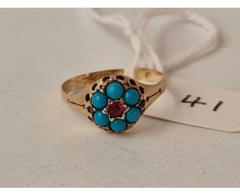 Antique Victorian 15ct hallmarked turquoise and ruby cluster ring with peridot highlights, Size P